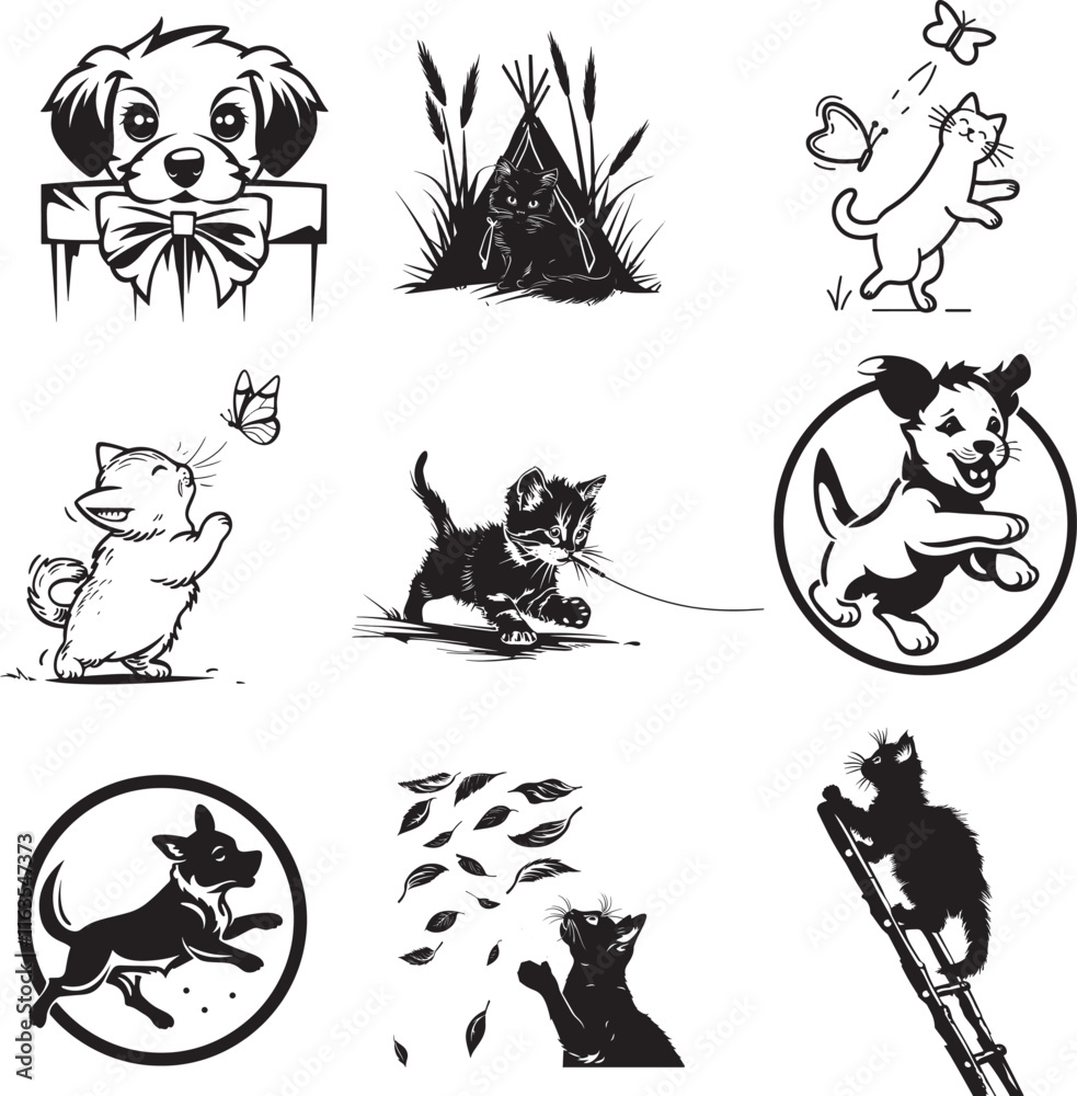 Fototapeta premium cute cat and dog silhouette vector illustration set 