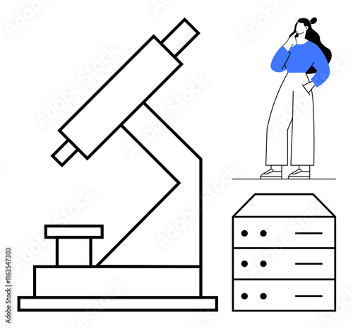 Woman in blue sweater and white pants contemplating next to large microscope and server stack. Ideal for research, innovation, science, data analysis, technology, education, discovery. Abstract line