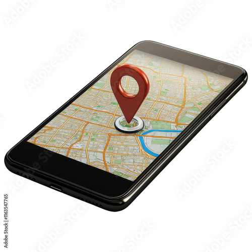 Black Smartphone Displaying Map Location Pin Transparent PNG Background.
