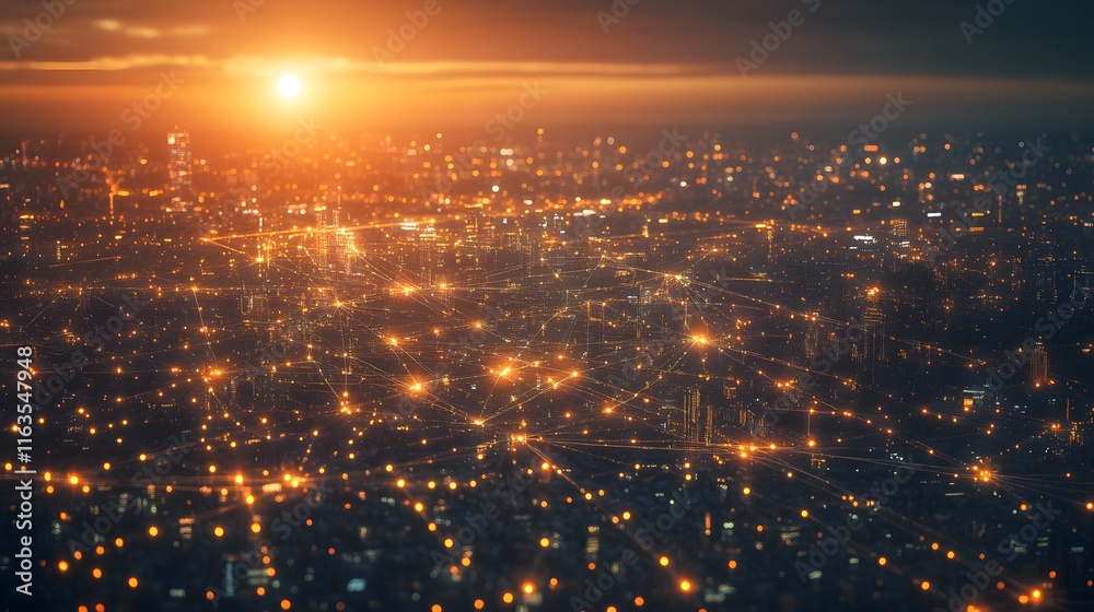Illuminated Cityscape Network Showing Interconnections at Sunset