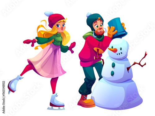 Cartoon winter scene with girl ice skating, bearded man putting bucket on white snowman head. Cheerful people characters wearing warm colorful clothes walking and having fun during Christmas holidays