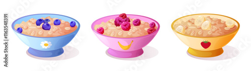 Healthy breakfast bowls set with oatmeal and different toppings - blueberries in blue ceramic dish, raspberries in pink container, sliced bananas in yellow vessel. Nutritious morning meal with fruits.