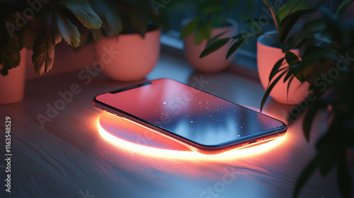 A charging smartphone resting on a wireless charging pad, surrounded by minimalist decor, soft lighting, clean and professional, photorealistic