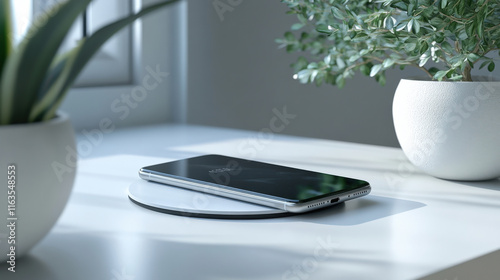 A charging smartphone resting on a wireless charging pad, surrounded by minimalist decor, soft lighting, clean and professional, photorealistic