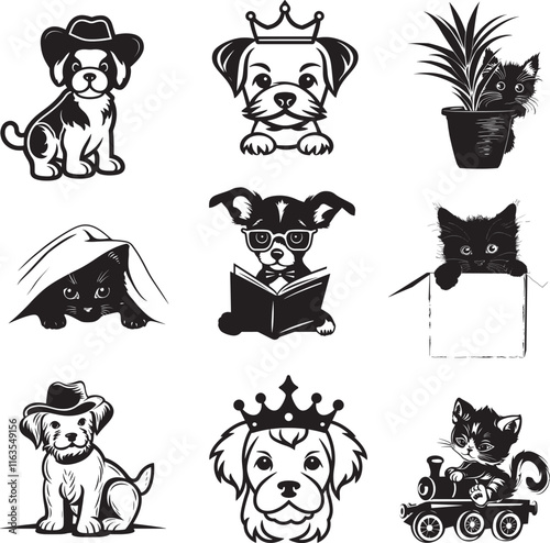 cute cat and dog silhouette vector illustration set 