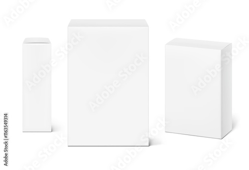 Realistic white closed paperboard box mockup. Front, half side views. Vector illustration isolated on white background. Taking your 2D designs into 3D. Can be use for medicine, food, cosmetic. EPS10.