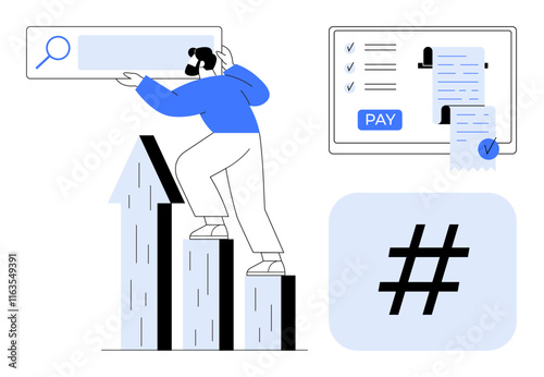 Businessman climbing arrows symbolizing growth while holding search bar. Elements include online payment interface, receipts, and large metadata tag. Ideal for business analysis, technology, finance