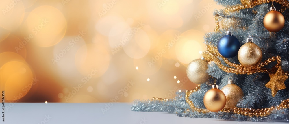 Fototapeta premium bauble balls decoration place on white table bokeh gold light copy space for present product and christmas tree