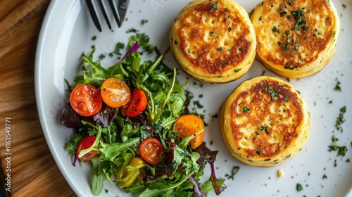 Wallpaper Mural Delicious baked crumpets served with a colorful side salad on a white plate. Top-down perspective. Torontodigital.ca