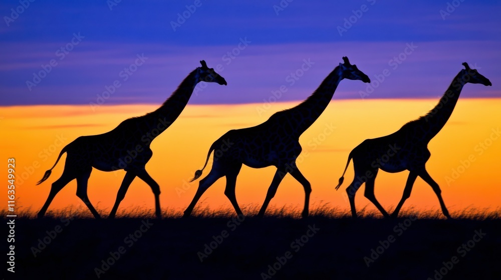 Giraffes Walking Silhouettes Against Twilight Sky Giraffes Walking Silhouettes Against Twilight Sky
