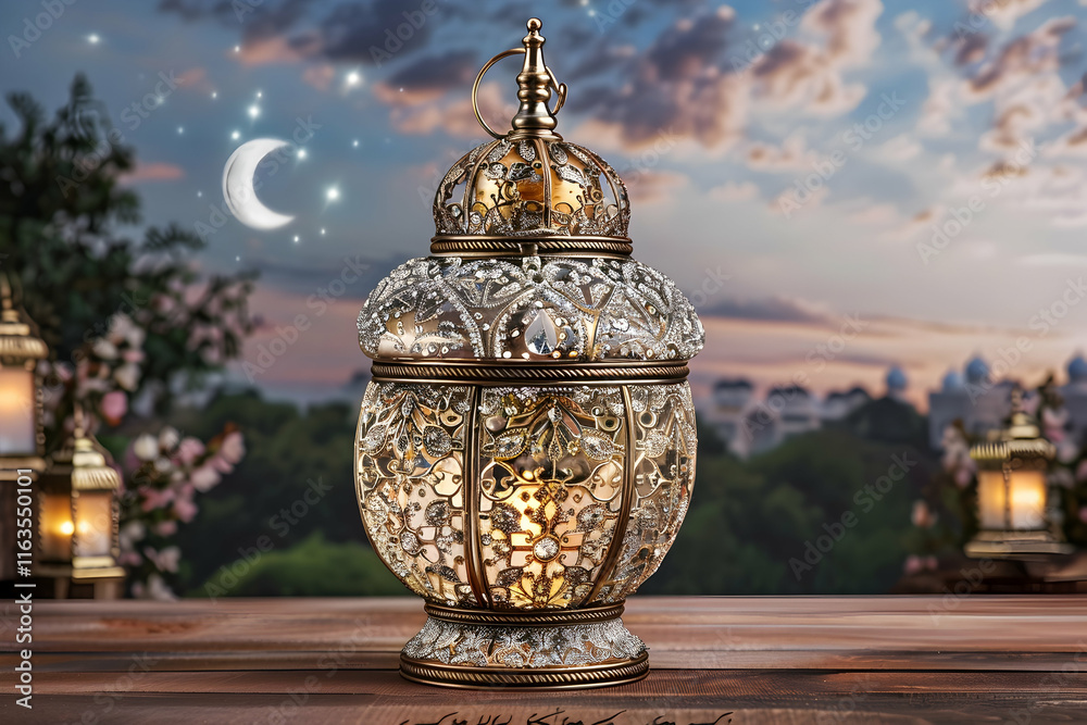glow lantern place on wooden table, holy mont Ramadan, Eid Mubarak