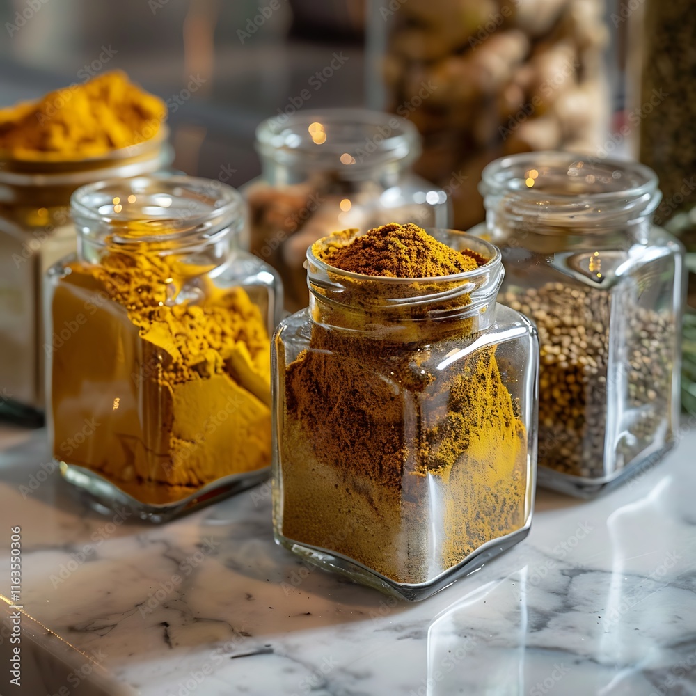 Close-up shot of flavorful spices like turmeric, ginger powder, and cumin displayed in sleek glass jars, enhancing the culinary ambiance of a kitchen. Close-up shot of flavorful spices like turmeric, ginger powder, and cumin displayed in sleek glass jars, enhancing the culinary ambiance of a kitchen.