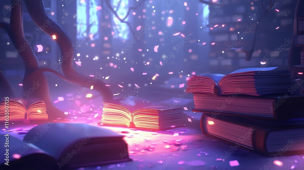 Mystical library scene with glowing books and falling petals. Mystical library scene with glowing books and falling petals.