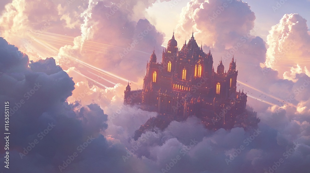 Majestic floating castle amidst vibrant sunset clouds. Majestic floating castle amidst vibrant sunset clouds.