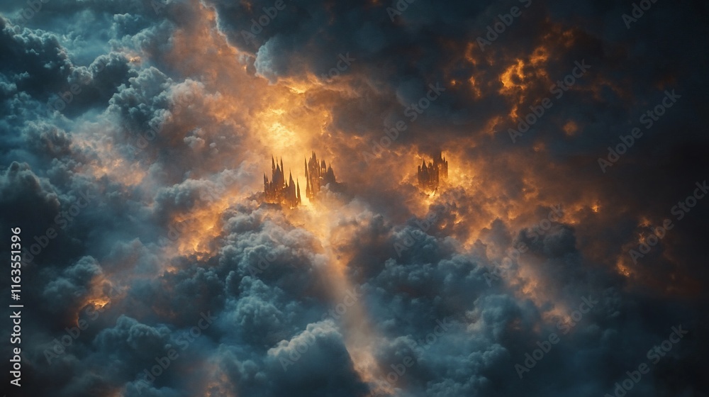Fototapeta premium Fantasy castle perched atop fiery clouds amidst a stormy sky.