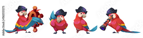 Pirate parrot character set with black hat and skull emblem - crimson feathered bird in different poses with spyglass, steer ship with wooden wheel, standing with wood leg. Macaw mascot design.
