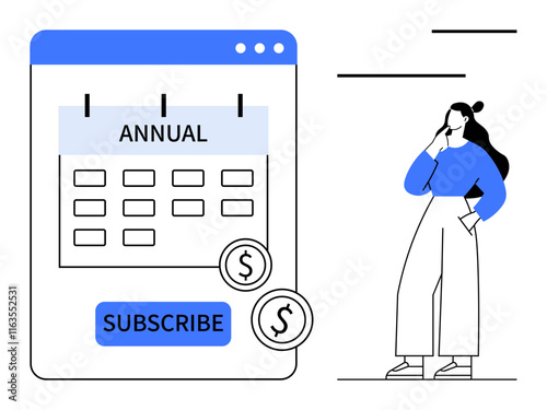 Calendar labeled Annual, subscription button, coins, and person touching chin thoughtfully. Ideal for subscription services, financial planning, budgeting, scheduling, commitment decision-making