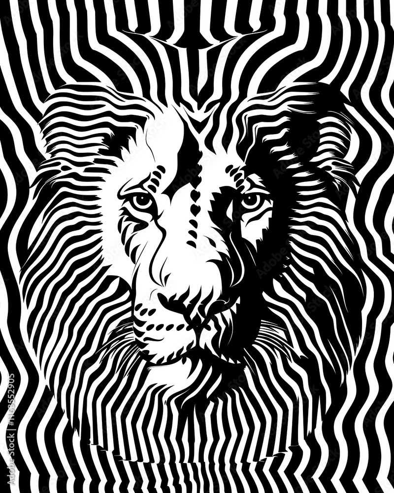 Fototapeta premium Lion portrait on abstract strips background. illustration