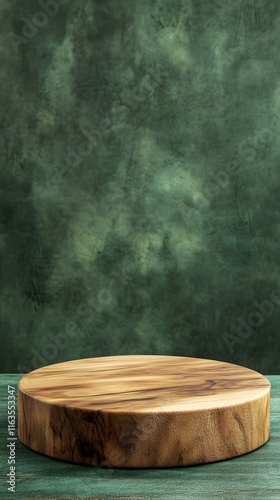 A smooth wooden podium with a natural texture, empty for display, set against a forest green backdrop.