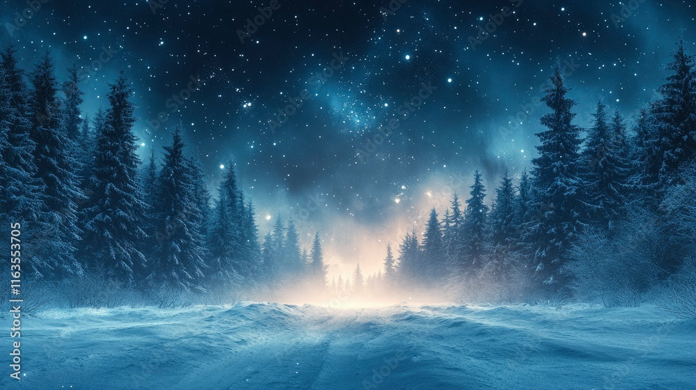 Enchanting Winter Night in a Snowy Forest Under a Starry Sky Enchanting Winter Night in a Snowy Forest Under a Starry Sky