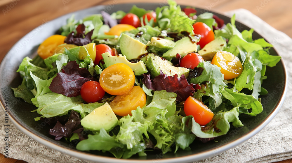 A fresh green salad with assorted veggies on a white plate, isolated on white A fresh green salad with assorted veggies on a white plate, isolated on white