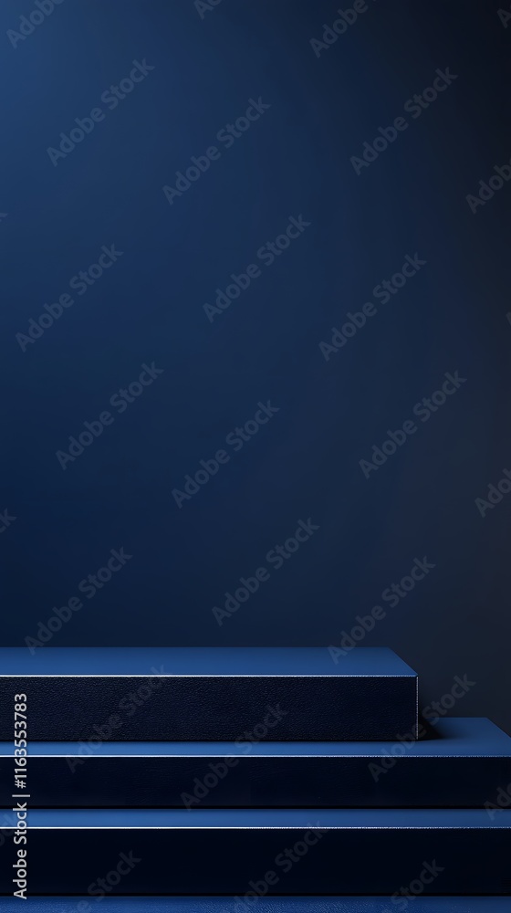 Obraz premium A sleek black podium with sharp edges, featuring an empty space for display, set on a dark, moody blue background.