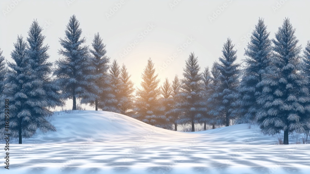 Fototapeta premium A sparkling winter landscape with sunlit snowfields and tall pine trees, on transparent background