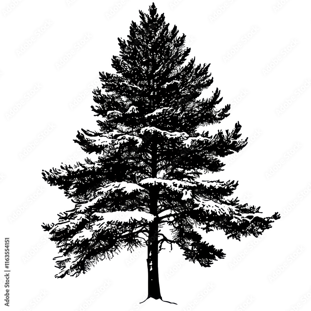 Obraz premium Winter Pine Tree Silhouette, a stark depiction of a pine tree enveloped in snow, featuring a transparent background for versatile use.