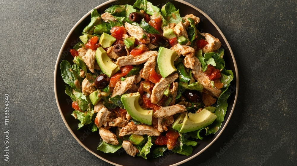 Naklejka premium Fresh and zesty Santa Fe chicken salad with Tex-Mex flavors, served with avocado and olives on a plate. Horizontal top view.