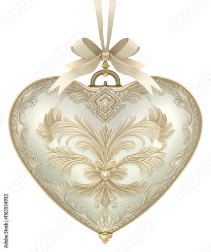 PNG A beautifully ornate heart-shaped ornament with delicate designs and a ribbon for hanging.