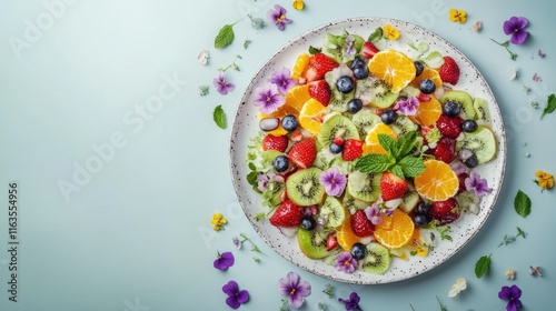 Fresh summer salad of kiwi, orange, strawberry, and blueberry, garnished with mint, on a plate with space for text, top view.