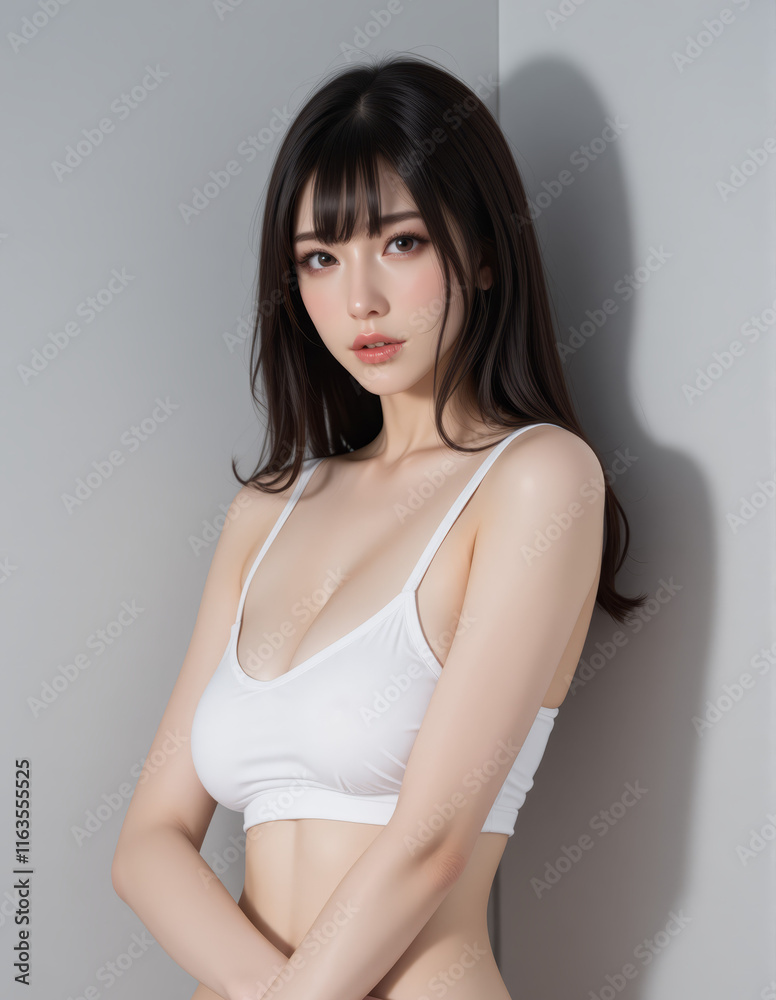 Naklejka premium Young Female Model - Beautiful Woman with Perfect Features - Perfect Smooth Skin and Dark Brown Long Hair - Brown Eyes and Plump Lips - White Bra or Laced Top - Fashion, Cosmetics, Profile Portrait