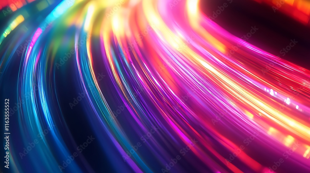 A dynamic blur of rainbow-colored light trails moving in smooth, circular motions with soft transparency.