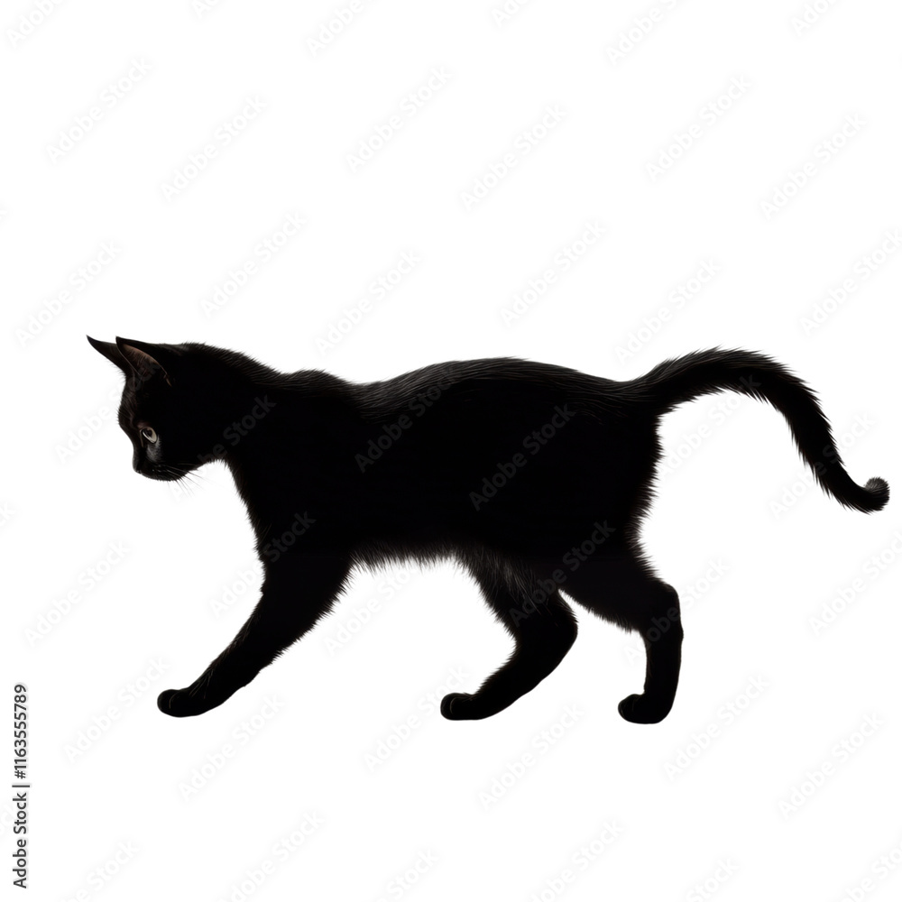 Elegant Cat Silhouette, Tail Raised, PNG Format, , Ideal for Creative Designs and Illustrations