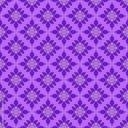seamless purple floral pattern with intricate geometric shapes creates vibrant and elegant design, perfect for textiles or wallpapers. repeating motif adds sense of harmony and sophistication