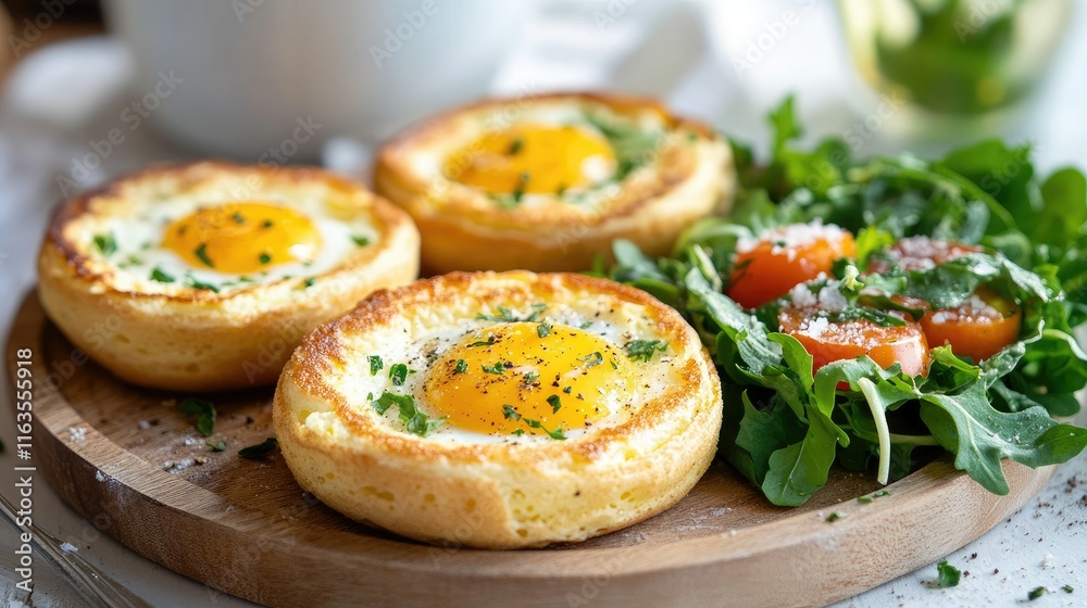 Horizontal shot of baked eggy crumpets with a light salad, showcasing a perfect morning meal. Horizontal shot of baked eggy crumpets with a light salad, showcasing a perfect morning meal.