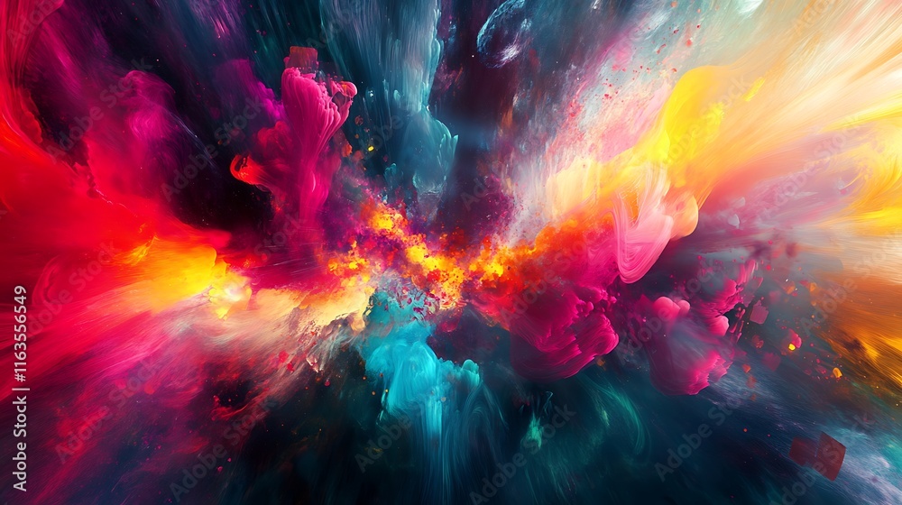 Fototapeta premium A futuristic burst of neon-colored data, fragmented and expanding in a high-tech environment, with intense lighting and energy.