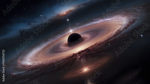 A deep space image with a black hole at the center. The black hole is surrounded by a swirling galaxy of stars and gases. The background contains a vast expanse of space with distant galaxies.