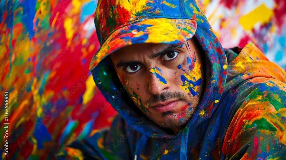 A close-up portrait of a man covered in colorful paint, intense expression. A close-up portrait of a man covered in colorful paint, intense expression.