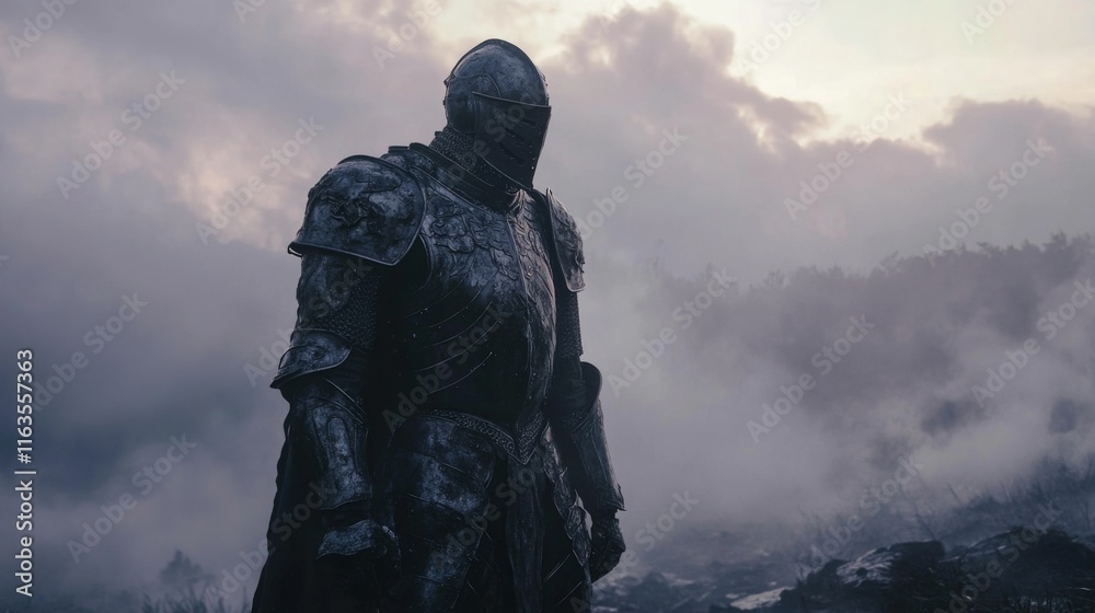 A lone knight in full plate armor stands amidst a misty, dark landscape at dawn. A lone knight in full plate armor stands amidst a misty, dark landscape at dawn.