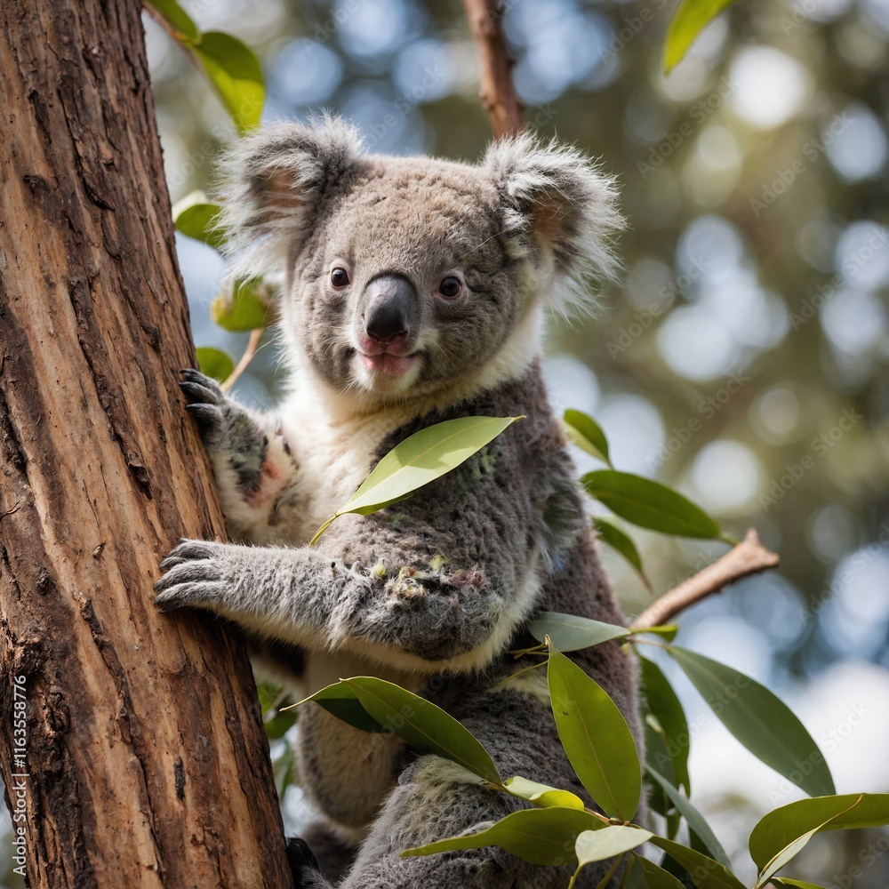 Obraz premium A koala cub with rainbow-streaked fur climbing a eucalyptus tree, with blurred sunny skies.