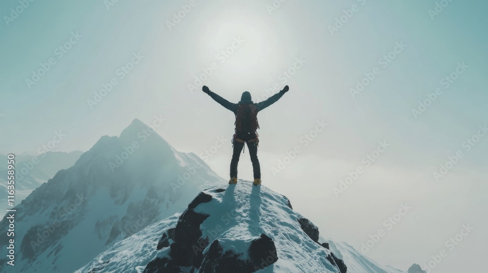 Climber celebrates summit success on snowy mountain peak. Climber celebrates summit success on snowy mountain peak.