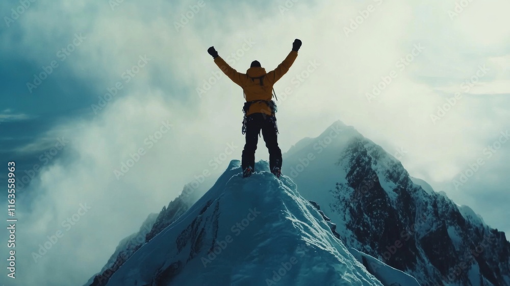 Climber celebrates summit victory on snowy peak. Climber celebrates summit victory on snowy peak.