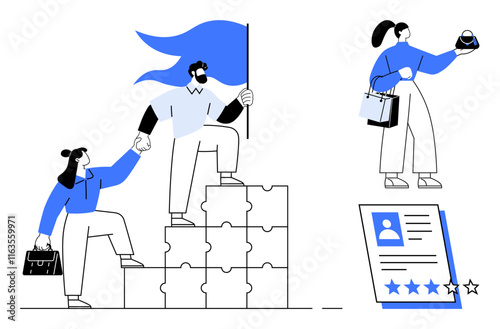 Business team climbing puzzle blocks holding a flag, individual presenting a product, and evaluating a resume with stars. Ideal for teamwork, leadership, product presentation, career progression