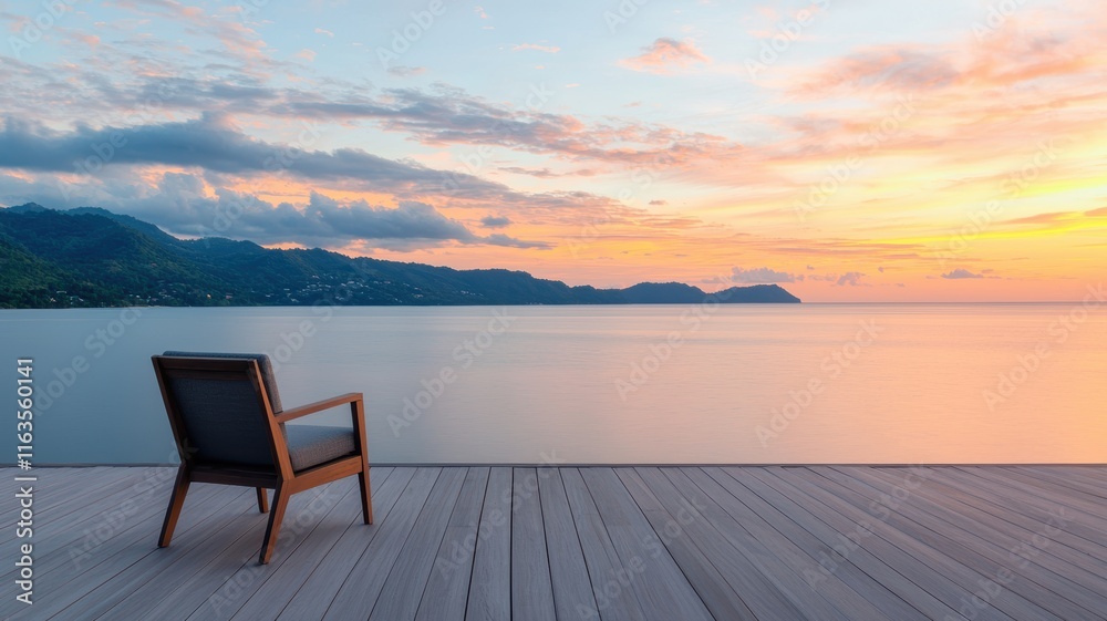 Fototapeta premium A serene sunset view with a lone chair facing calm waters, surrounded by mountains, creating a peaceful, contemplative atmosphere.