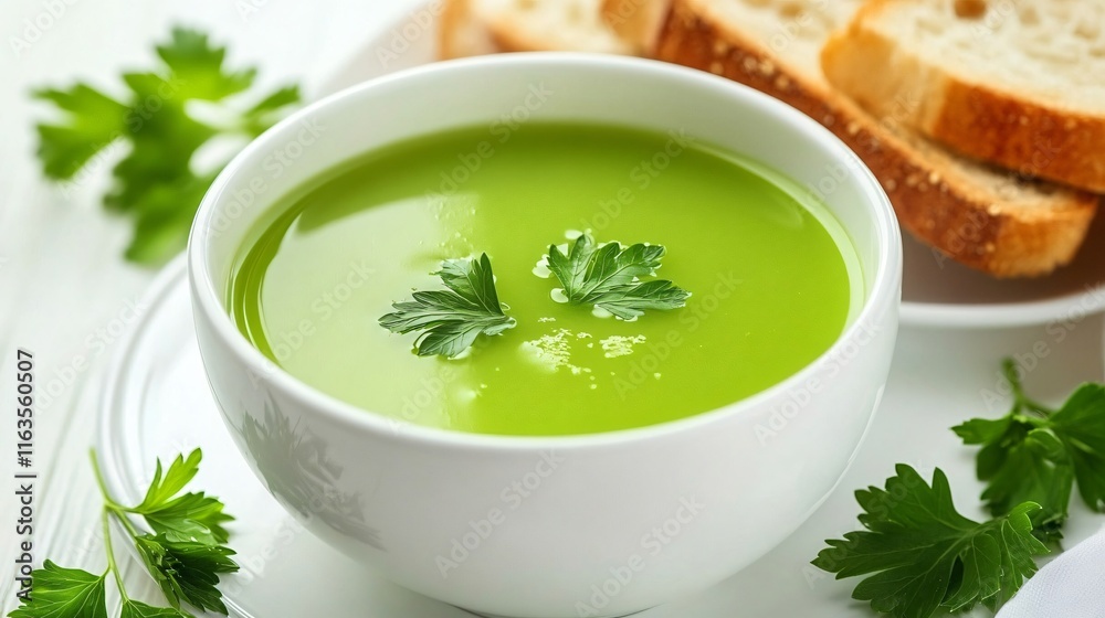 Celery soup served with a side of toasted baguette slices, isolated on a sleek white table with parsley leaves Celery soup served with a side of toasted baguette slices, isolated on a sleek white table with parsley leaves