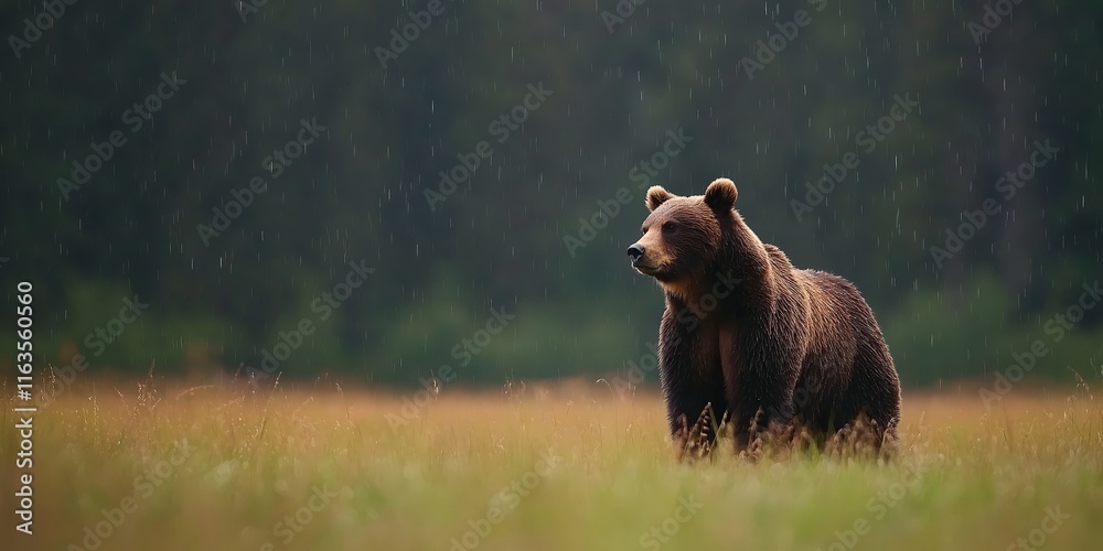 A powerful grizzly bear standing in a meadow during a light summer rain A powerful grizzly bear standing in a meadow during a light summer rain