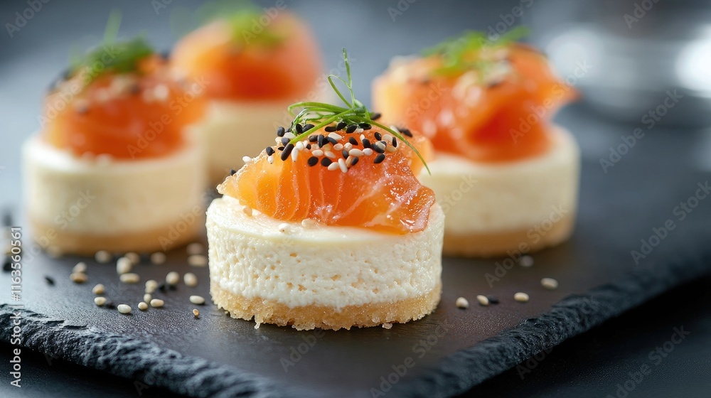 Mini cheesecakes with salmon and sesame seeds, served as a gourmet appetizer on a black slate plate. Mini cheesecakes with salmon and sesame seeds, served as a gourmet appetizer on a black slate plate.