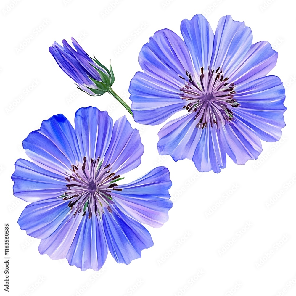 Obraz premium Two Chicory Flowers and Bud Isolated on White Background.