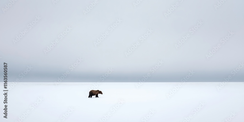Fototapeta premium A solitary brown bear foraging through a snowy winter landscape, its thick fur dusted with snowflakes, as soft light filters through a cloudy grey sky